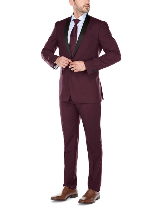 Verno Men's Burgundy Shawl Collar Tuxedo Slim Fit Suit