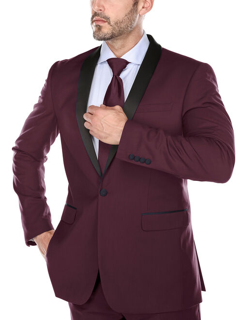 Verno Men's Burgundy Shawl Collar Tuxedo Slim Fit Suit