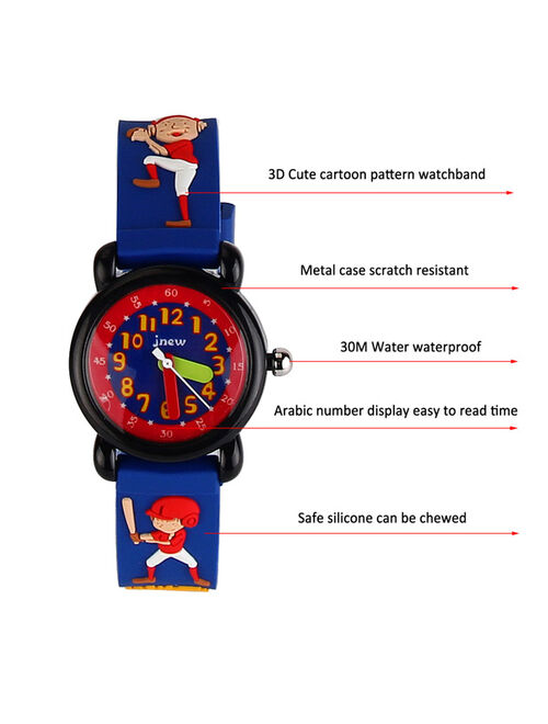 3D Lovely Cartoon Children Watch Silicone Strap Waterproof Digital Round Quartz Wristwatches Time Teacher Gift for Girls Baseball kid - blue