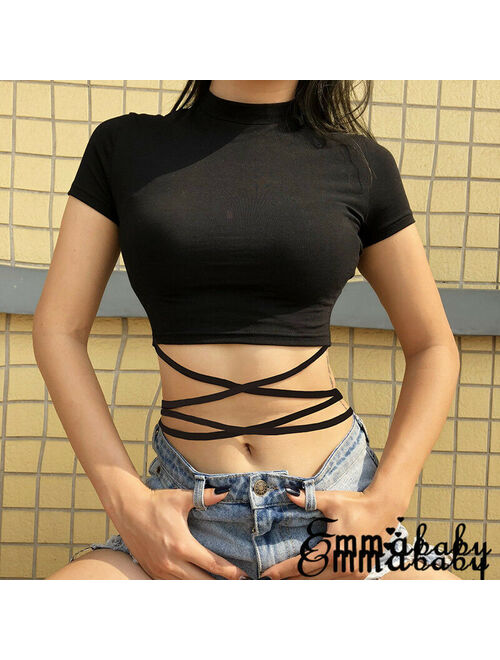 T shirt Top Women Summer Short Sleeve Slim O Neck Cross Bandage Fitness Black Shirts Gothic Cotton Crop Top Womens Clothing 2019