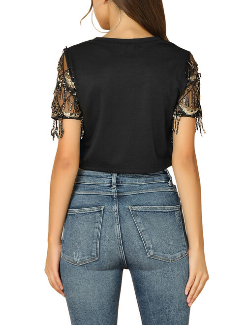 Allegra K Women's Sequin Shiny Glitter Crop Tops Short Sleeves Tassel T-Shirt XS Black