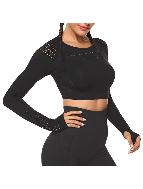 SEASUM Women's Yoga Tops Long Sleeves 4 Way Stretch Athletic Shirts Wireless Workout Crop Tops Hollow Out Sports Shirt With Thumb Holes Black S
