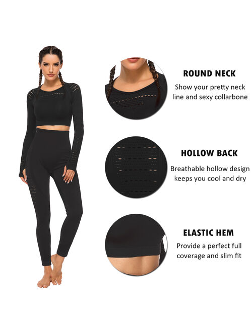 SEASUM Women's Yoga Tops Long Sleeves 4 Way Stretch Athletic Shirts Wireless Workout Crop Tops Hollow Out Sports Shirt With Thumb Holes Black S