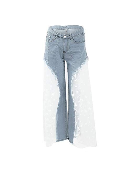 Women Wide Leg Pants Sheer Mesh Star Print Splice Denim Pants High Waist Casual Loose Pants