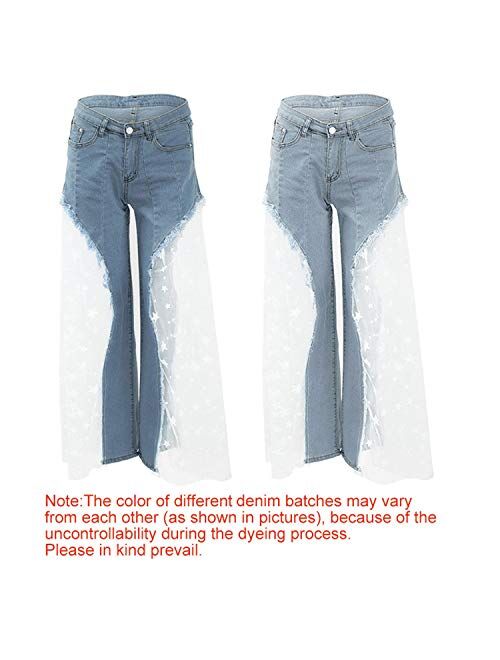 Women Wide Leg Pants Sheer Mesh Star Print Splice Denim Pants High Waist Casual Loose Pants
