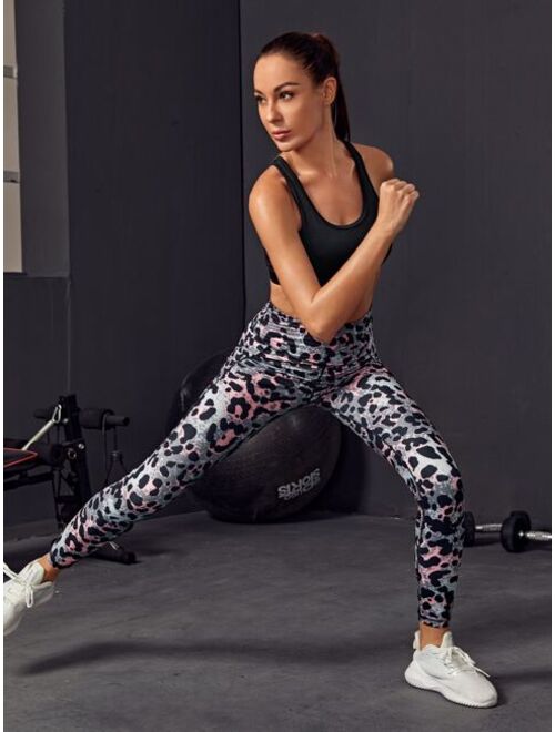 Shein Topstitching All Over Print Side Phone Pocket Sports Leggings