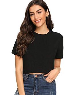 Women's Basic Plain Round Neck Short Sleeve Crop T-Shirt Top