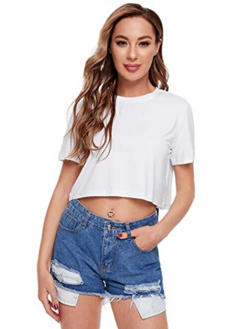 SheIn Women's Basic Plain Round Neck Short Sleeve Crop T-Shirt Top