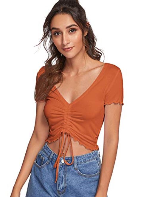 Verdusa Women's Ruched Drawstring Front V Neck Crop Tee Top
