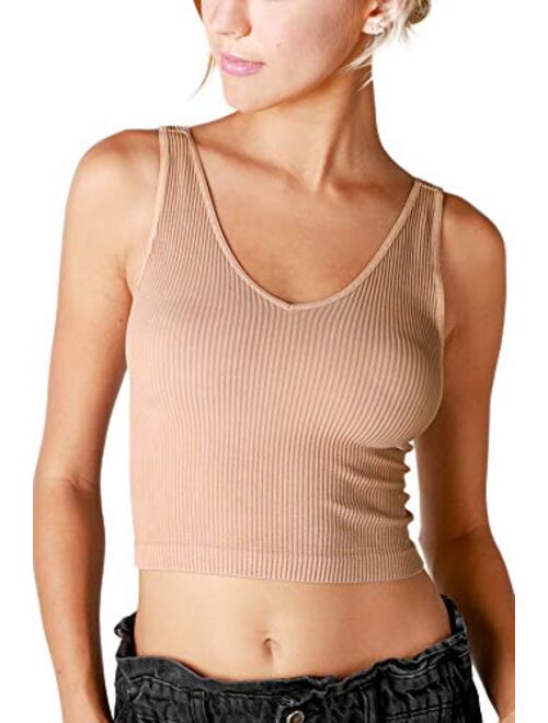 NIKIBIKI Women Seamless Vintage V-Neck Ribbed Crop Top, Made in U.S.A, One Size
