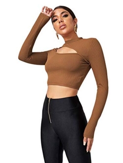 Women's Leopard Print Cut Out Long Sleeve Slim Fit T Shirt Tops