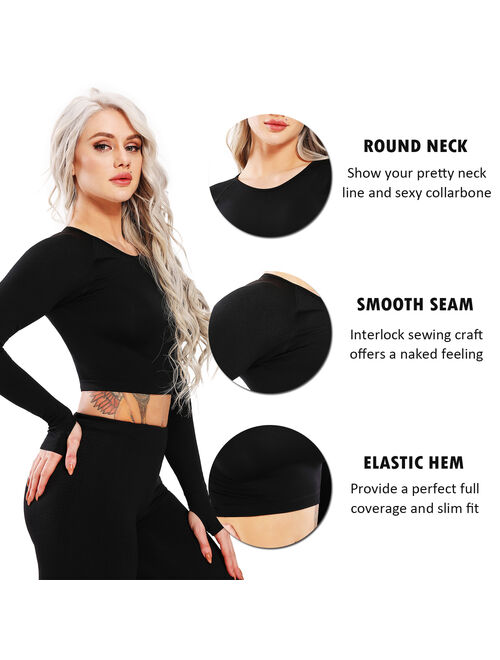 SEASUM Long Sleeve Yoga Crop Tops For Women Seamless 4 Way Stretch Workout Sports Shirts Gym Fitness Cool-Dry Athletic Clothes Black S