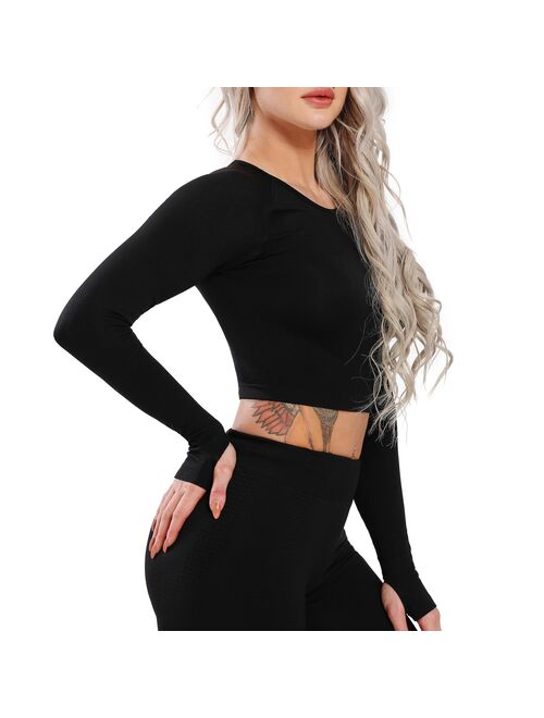 SEASUM Long Sleeve Yoga Crop Tops For Women Seamless 4 Way Stretch Workout Sports Shirts Gym Fitness Cool-Dry Athletic Clothes Black S