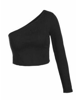 Cathery Women Crop Top One Shoulder Long Sleeve Slim Tops Blouse Summer Fashion Solid Blouse