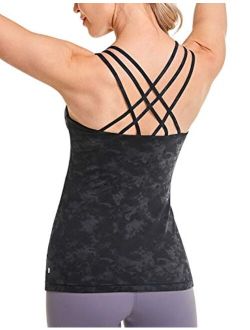 Women's Strappy Back Yoga Tank Tops Built in Shelf Bra Sports Camisole Long Workout Shirts Activewear