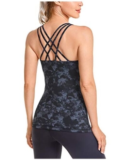 Women's Strappy Back Yoga Tank Tops Built in Shelf Bra Sports Camisole Long Workout Shirts Activewear