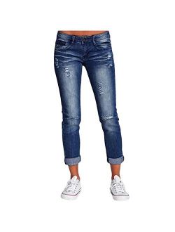 charmsamx Women's Roll Up Boyfriend Jeans Low Rise Distressed Ripped Denim Pants Casual Straight Comfy Stretch Trousers