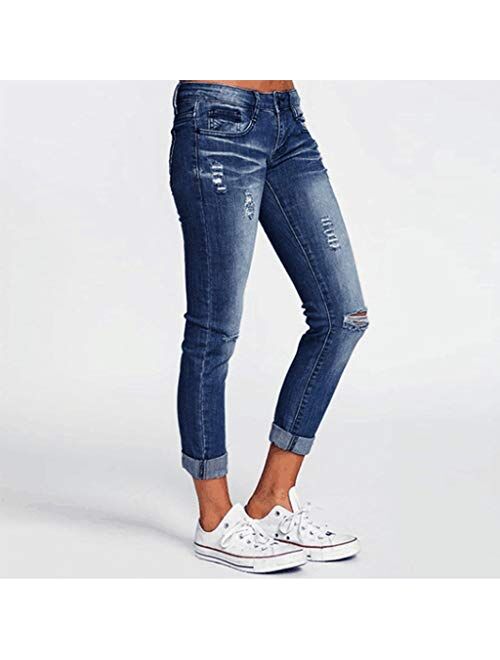 charmsamx Women's Roll Up Boyfriend Jeans Low Rise Distressed Ripped Denim Pants Casual Straight Comfy Stretch Trousers