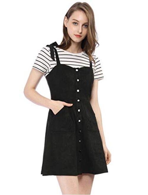 Allegra K Women's Overalls Faux Suede a Line Short Pinafore Button Up Overall Dress