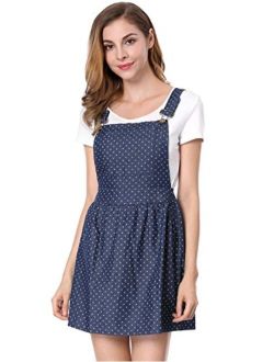 Women's Dots Pattern Adjustable Straps Mini Pinafore Jean Denim Overall Dress