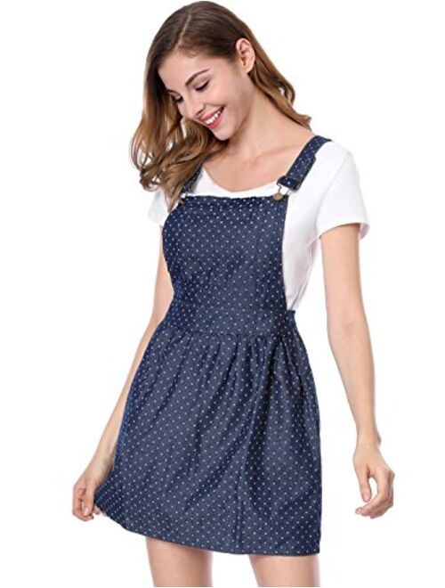 Allegra K Women's Dots Pattern Adjustable Straps Mini Pinafore Jean Denim Overall Dress