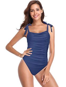 Women's Crossover Ruched Monokini Swimsuits Vintage Shirred One Piece Bathing Suits