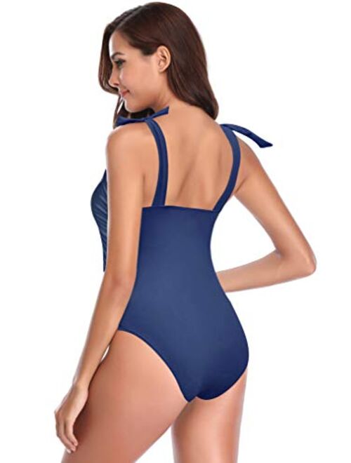 SHEKINI Women's Crossover Ruched Monokini Swimsuits Vintage Shirred One Piece Bathing Suits