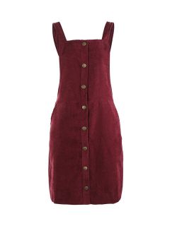 Listenwind Women's Button Overall Dress Corduroy Casual Pinafore Suspender Mini Dress with Pocket (Rosy Red, XS)