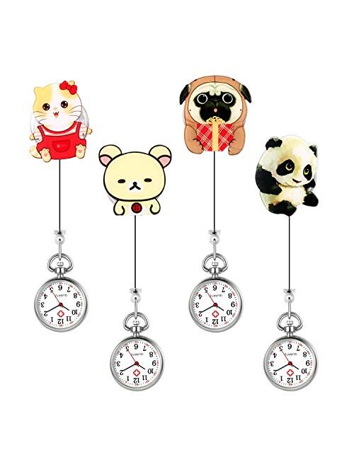 Retractable Nurse Watch with Second Hand for Women Girls Clip-on Hanging Lapel Watches Cute Cartoon Design Easy Read Dial Doctors Students Paramedic Badge Quartz Fob Pock