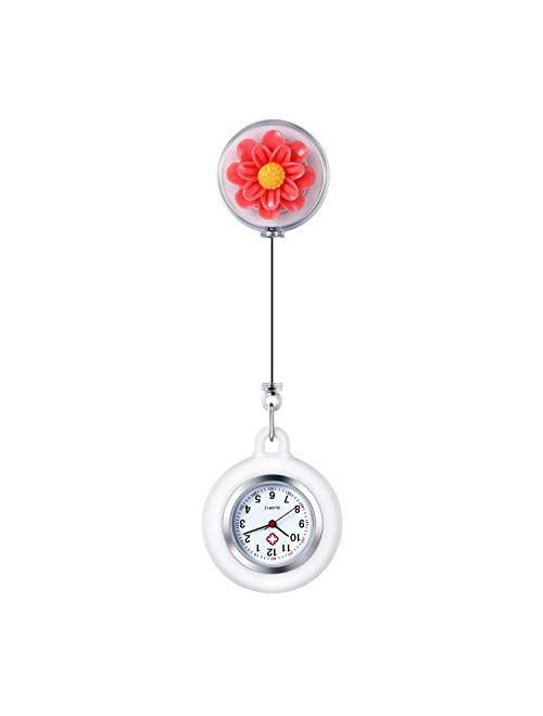 Women's Nurse Clip on Watch Cute Flower Lapel Hanging Doctor Clinic Staff Tunic Stethoscope Badge Quartz Fob Pocket Watch with Pink Silicone Cover