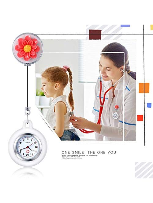 Women's Nurse Clip on Watch Cute Flower Lapel Hanging Doctor Clinic Staff Tunic Stethoscope Badge Quartz Fob Pocket Watch with Pink Silicone Cover