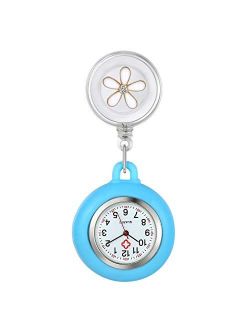 1-2 Pack Retractable Lapel Watch with Second Hand for Nurses Doctors Clip-on Hanging Nurse Watches for Women Silicone Cover Badge Stethoscope Fob Pocket Watch
