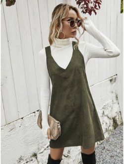 Corduroy Solid Pinafore Dress Without Sweater
