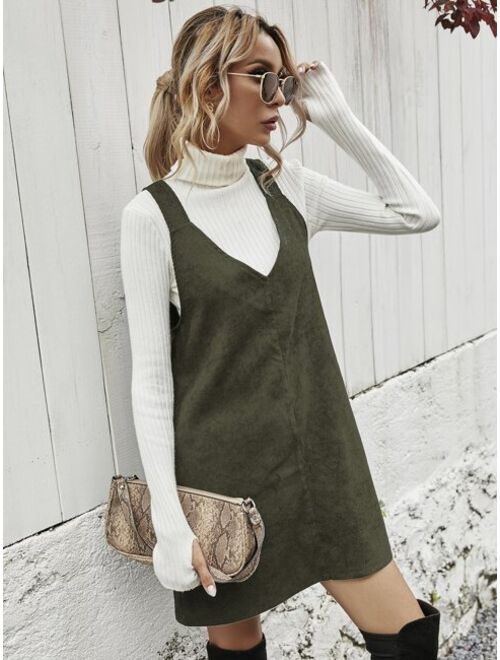 Shein Corduroy Solid Pinafore Dress Without Sweater