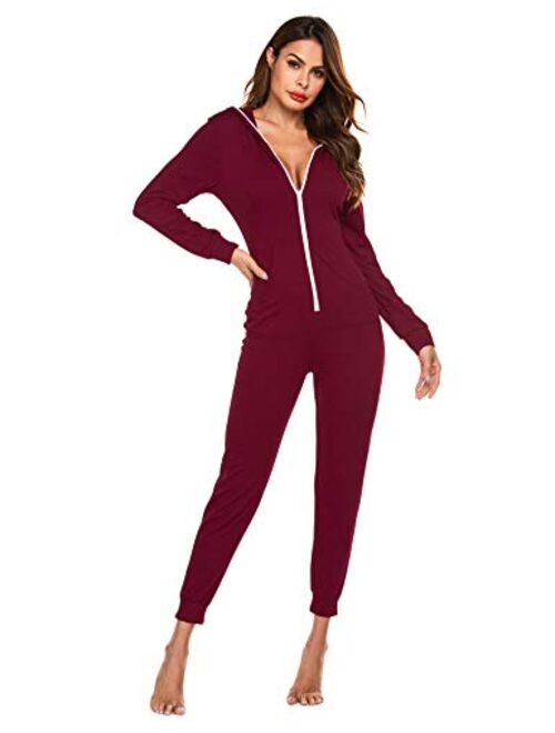 Ekouaer Womens One Piece Sleepwear Long Sleeve Onesie Pajama Non-Footed Jumpsuit Romper Zipper Union Suit with Pockets