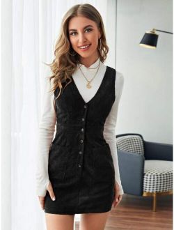 Single Breasted Patch Pocket Cord Overall Dress