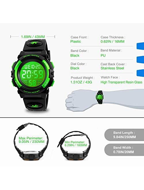 Kids Digital Sports Watch for Boys Girls, Boy Waterproof Casual Electronic Analog Quartz 7 Colorful Led Watches with Alarm Stopwatch Silicone Band Luminous Wristatches