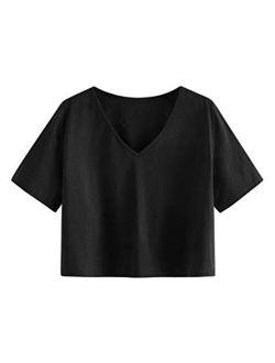 Women's Casual V Neck Short Sleeve Soild Basic Crop Top T-Shirt
