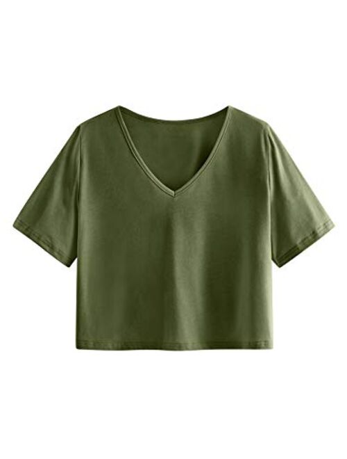 SweatyRocks Women's Casual V Neck Short Sleeve Soild Basic Crop Top T-Shirt
