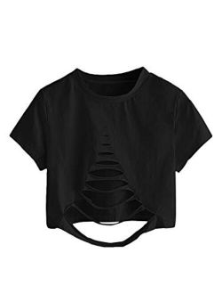 Women's Short Sleeve Cutout Tee Shirt Distressed Crop Top