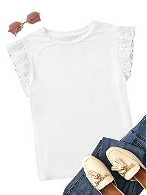 SweatyRocks Women's Casual Eyelet Short Sleeve Solid T-Shirt Blouse Tops