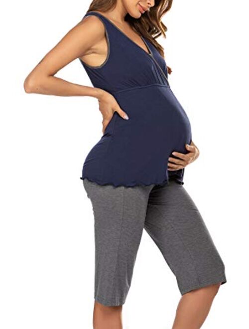 Ekouaer Women's Maternity Pajama Set Nursing Breastfeeding Sleepwear Soft Carpi Pants/Shorts Pj Set