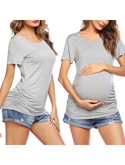 Women Maternity Shirt Funny Print Side Ruched Raglan Short Sleeve Cute Pregnancy Top