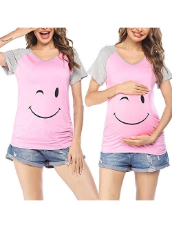 Women Maternity Shirt Funny Print Side Ruched Raglan Short Sleeve Cute Pregnancy Top