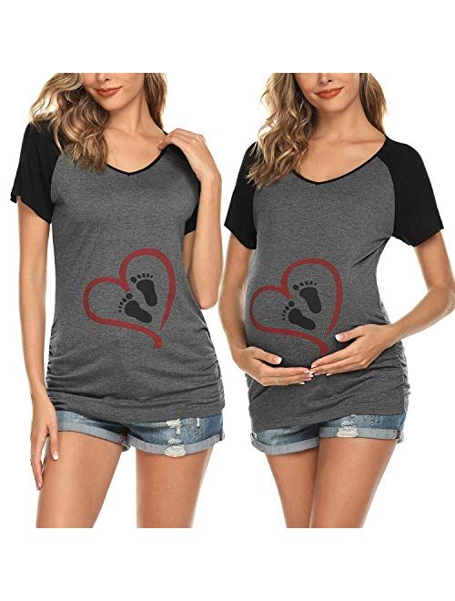 Ekouaer Women Maternity Shirt Funny Print Side Ruched Raglan Short Sleeve Cute Pregnancy Top