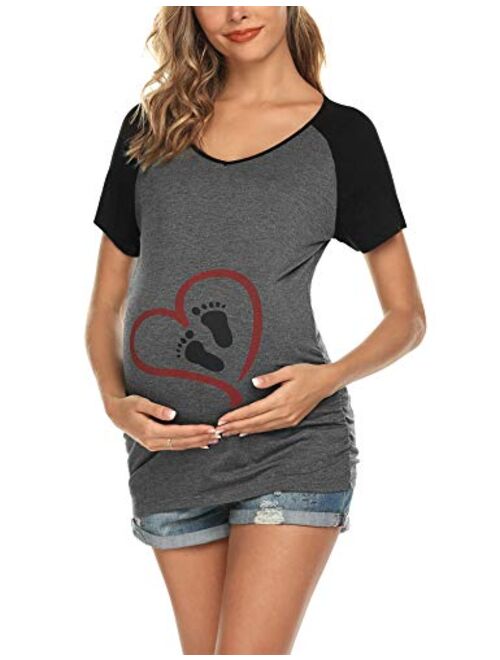 Ekouaer Women Maternity Shirt Funny Print Side Ruched Raglan Short Sleeve Cute Pregnancy Top