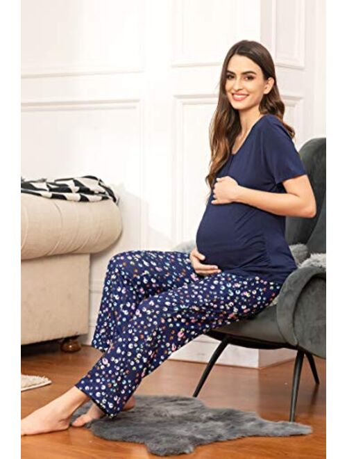 Ekouaer Women's Maternity Nursing Pajamas Sets Breastfeeding Printed Sleepwear Short Sleeve 2 Pcs Henley Top and Pants Set