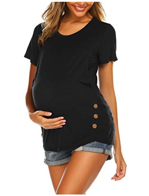 Ekouaer Maternity Top Womens Nursing Shirt Double Layer Short Sleeve Pregnancy Shirt for Breastfeeding S-XXL