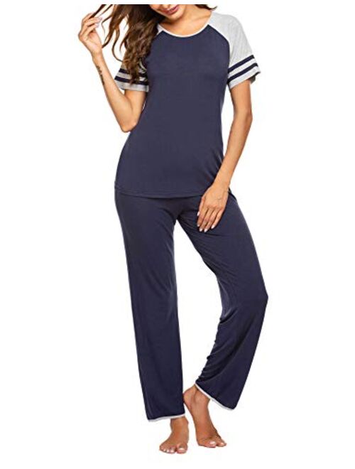 Ekouaer Women's Pajamas Set O-Neck Short Sleeve Tops with Pants Soft Sleepwear Pjs Sets