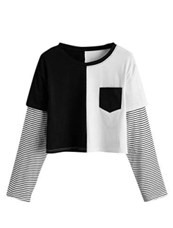 Women's Color Block Butterfly Print Striped Long Sleeve Crop Top T Shirt